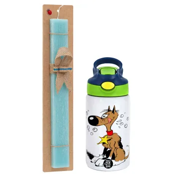 Rantanplan, Easter Set, Children's thermal stainless steel bottle with safety straw, green/blue (350ml) & aromatic flat Easter candle (30cm) (TURQUOISE)