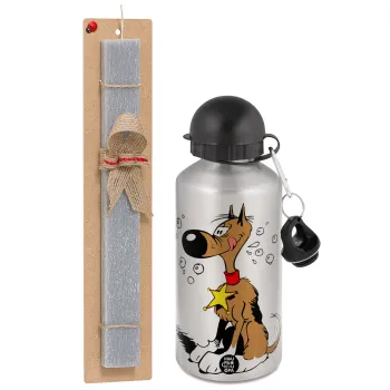 Rantanplan, Easter Set, metallic silver aluminum water bottle (500ml) & aromatic flat Easter candle (30cm) (GRAY)