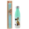 Easter Set, Metallic green/white thermos (Stainless steel), double-walled, 500ml & scented flat Easter candle (30cm) (TURQUOISE)