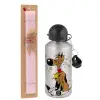 Easter Set, metallic Silver aluminum water bottle (500ml) & scented flat Easter candle (30cm) (PINK)