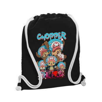 Chopper One Piece, Τσάντα πλάτης πουγκί GYMBAG Μαύρη, με τσέπη (40x48cm) & χονδρά λευκά κορδόνια
