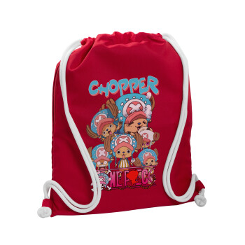 Chopper One Piece, Τσάντα πλάτης πουγκί GYMBAG Κόκκινη, με τσέπη (40x48cm) & χονδρά κορδόνια