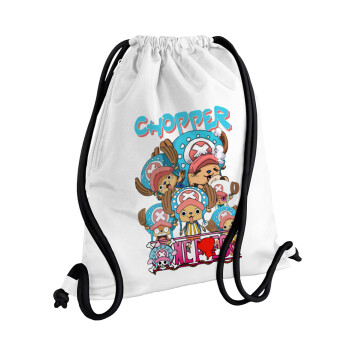 Chopper One Piece, Τσάντα πλάτης πουγκί GYMBAG λευκή, με τσέπη (40x48cm) & χονδρά κορδόνια