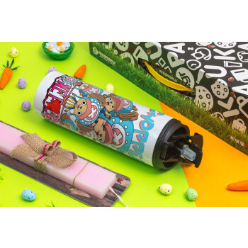 Chopper One Piece, Easter candle,Travel Tumbler 2 Lids, with metal straw & cleaning brush & aromatic flat candle (30cm) (PINK)