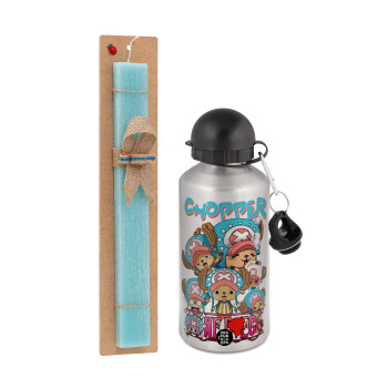 Chopper One Piece, Easter Set, metallic silver aluminum water bottle (500ml) & scented flat Easter candle (30cm) (TURQUOISE)