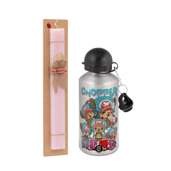 Chopper One Piece, Easter Set, metallic Silver aluminum water bottle (500ml) & scented flat Easter candle (30cm) (PINK)