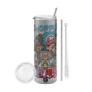 Chopper One Piece, Tumbler ποτήρι θερμό Ασημένιο από ανοξείδωτο ατσάλι 600ml, με μεταλλικό καλαμάκι & βούρτσα καθαρισμού