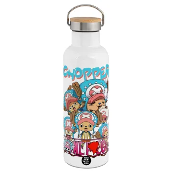Chopper One Piece, Μεταλλικό παγούρι θερμός (Stainless steel) Λευκό με ξύλινο καπάκι (bamboo), διπλού τοιχώματος, 750ml