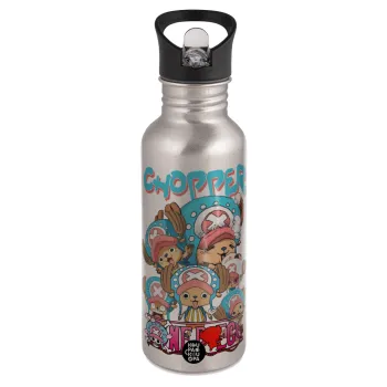 Chopper One Piece, Water bottle Silver with straw, stainless steel 600ml