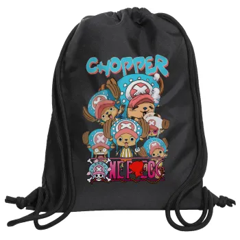 Chopper One Piece, Τσάντα πλάτης πουγκί GYMBAG Μαύρη, με τσέπη (40x48cm) & χονδρά κορδόνια