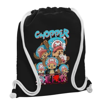 Chopper One Piece, Τσάντα πλάτης πουγκί GYMBAG Μαύρη, με τσέπη (40x48cm) & χονδρά λευκά κορδόνια