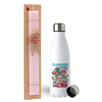 Chopper One Piece, Easter Set, metallic stainless steel water bottle (750ml) & scented flat Easter candle (30cm) (PINK)