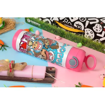 Chopper One Piece, Easter candle, Childrens hot water bottle, stainless steel, with safety straw, PINK (500ml)