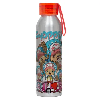 Chopper One Piece, Αλουμινένιο Αθλητικό Μπουκάλι 650ml – Ασημί με Κόκκινο Καπάκι και Λουράκι Σιλικόνης