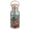Stainless steel metallic thermos flask, silver with a bamboo lid, double-walled, 350ml.