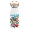 Metallic thermos (Stainless steel) White with wooden lid (bamboo), double-walled, 350ml