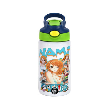 Nami One Piece, Children's hot water bottle, stainless steel, with safety straw, green, blue (350ml)