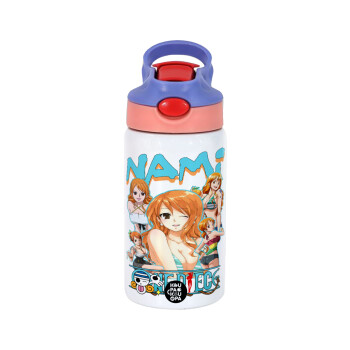 Nami One Piece, Children's hot water bottle, stainless steel, with safety straw, pink/purple (350ml)