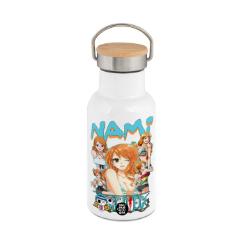 Nami One Piece, Metallic thermos (Stainless steel) White with wooden lid (bamboo), double-walled, 350ml