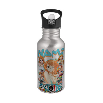 Nami One Piece, Water bottle Silver with straw, stainless steel 500ml