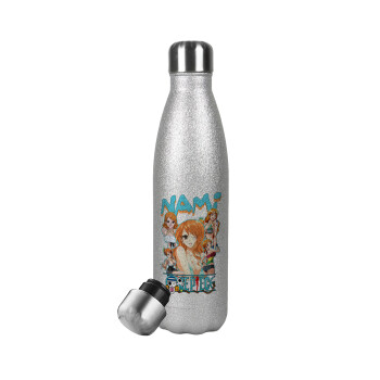 Nami One Piece, Μεταλλικό παγούρι θερμός Glitter Aσημένιο (Stainless steel), διπλού τοιχώματος, 500ml