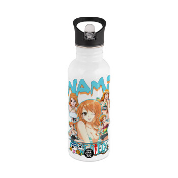 Nami One Piece, White water bottle with straw, stainless steel 600ml