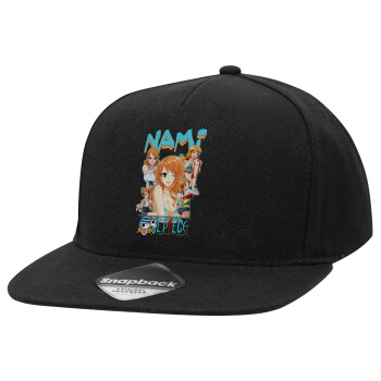 Nami One Piece, Adult Flat Snapback Hat Black, (100% COTTON TWILL, ADULT, UNISEX, ONE SIZE)