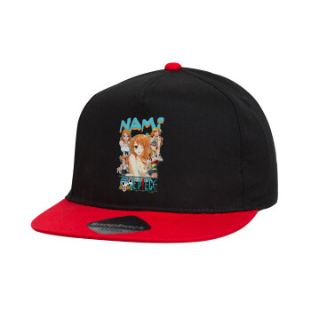 Nami One Piece, Καπέλο παιδικό Flat Snapback, Μαύρο/Κόκκινο (100% ΒΑΜΒΑΚΕΡΟ, ΠΑΙΔΙΚΟ, UNISEX, ONE SIZE)