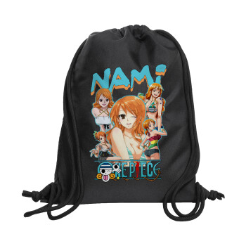 Nami One Piece, Τσάντα πλάτης πουγκί GYMBAG Μαύρη, με τσέπη (40x48cm) & χονδρά κορδόνια