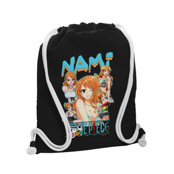 Nami One Piece, Τσάντα πλάτης πουγκί GYMBAG Μαύρη, με τσέπη (40x48cm) & χονδρά λευκά κορδόνια