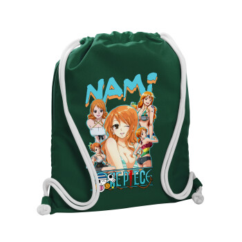Nami One Piece, Backpack pouch GYMBAG BOTTLE GREEN, with pocket (40x48cm) & thick white cords