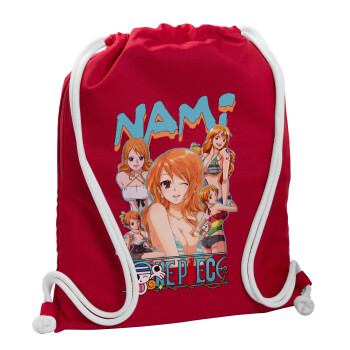 Nami One Piece, Τσάντα πλάτης πουγκί GYMBAG Κόκκινη, με τσέπη (40x48cm) & χονδρά κορδόνια