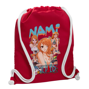 Nami One Piece, Backpack pouch GYMBAG Red, with pocket (40x48cm) & thick cords
