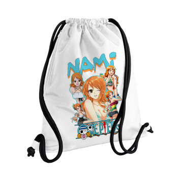 Nami One Piece, Τσάντα πλάτης πουγκί GYMBAG λευκή, με τσέπη (40x48cm) & χονδρά κορδόνια
