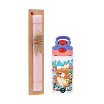Nami One Piece, Πασχαλινό Σετ, Παιδικό παγούρι θερμό, ανοξείδωτο, με καλαμάκι ασφαλείας, ροζ/μωβ (350ml) & πασχαλινή λαμπάδα αρωματική πλακέ (30cm) (ΡΟΖ)