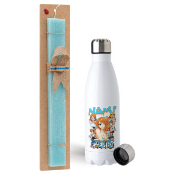 Nami One Piece, Easter Set, metallic stainless steel water bottle (750ml) & aromatic flat Easter candle (30cm) (TURQUOISE)