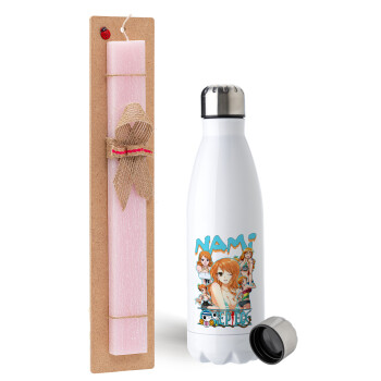 Nami One Piece, Easter Set, metallic stainless steel water bottle (750ml) & scented flat Easter candle (30cm) (PINK)