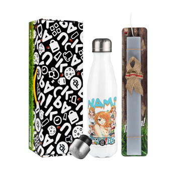 Nami One Piece, Easter candle, metallic white thermos bottle (500ml) & aromatic flat candle (30cm) (GRAY)