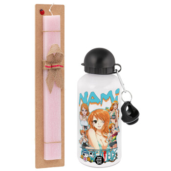 Nami One Piece, Πασχαλινό Σετ, παγούρι μεταλλικό αλουμινίου (500ml) & πασχαλινή λαμπάδα αρωματική πλακέ (30cm) (ΡΟΖ)