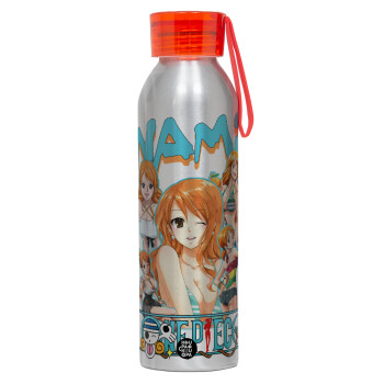 Nami One Piece, Αλουμινένιο Αθλητικό Μπουκάλι 650ml – Ασημί με Κόκκινο Καπάκι και Λουράκι Σιλικόνης