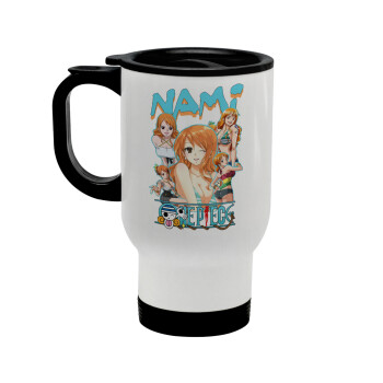 Nami One Piece, Stainless steel travel mug with lid, double wall white 450ml