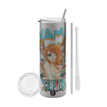 Nami One Piece, Tumbler ποτήρι θερμό Ασημένιο από ανοξείδωτο ατσάλι 600ml, με μεταλλικό καλαμάκι & βούρτσα καθαρισμού