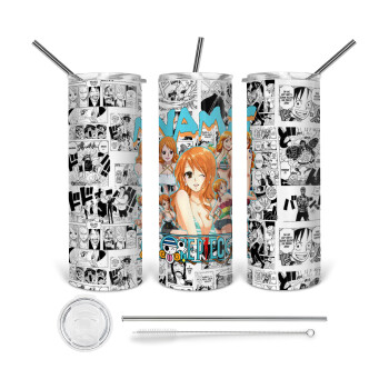 Nami One Piece, Tumbler ποτήρι θερμό από ανοξείδωτο ατσάλι 600ml, με μεταλλικό καλαμάκι & βούρτσα καθαρισμού