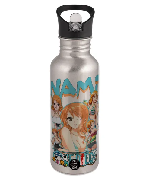 Nami One Piece — Παγούρι νερού Ασημένιο με καλαμάκι, ανοξείδωτο ατσάλι 600ml
