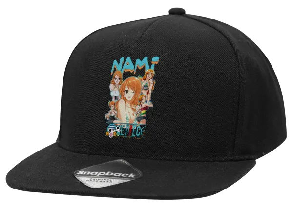 Nami One Piece — Adult Flat Snapback Hat Black, (100% COTTON TWILL, ADULT, UNISEX, ONE SIZE)