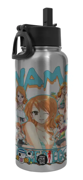 Nami One Piece — Μεταλλικό παγούρι θερμός Silver με καλαμάκι και χερούλι (Stainless steel), διπλού τοιχώματος, 950ml