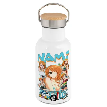 Nami One Piece, Μεταλλικό παγούρι θερμός (Stainless steel) Λευκό με ξύλινο καπακι (bamboo), διπλού τοιχώματος, 350ml