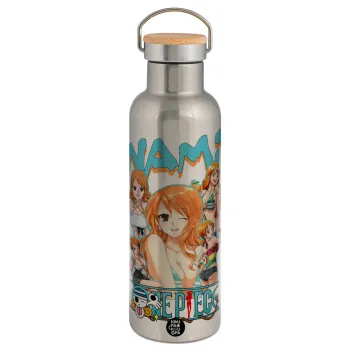 Nami One Piece, Stainless steel Silver with wooden lid (bamboo), double wall, 750ml