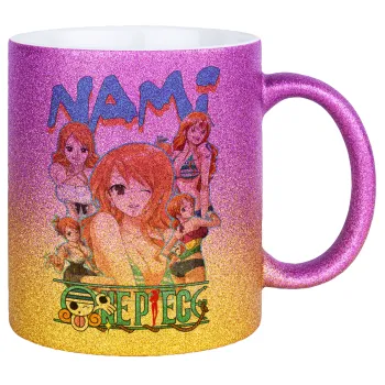 Nami One Piece, Κούπα Χρυσή/Ροζ Glitter, κεραμική, 330ml