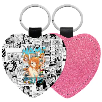 Nami One Piece, Μπρελόκ PU δερμάτινο glitter καρδιά ΡΟΖ